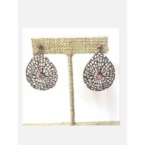 1928 French Hook Teardrop Filigree Earrings Web Design Pink & Copper
